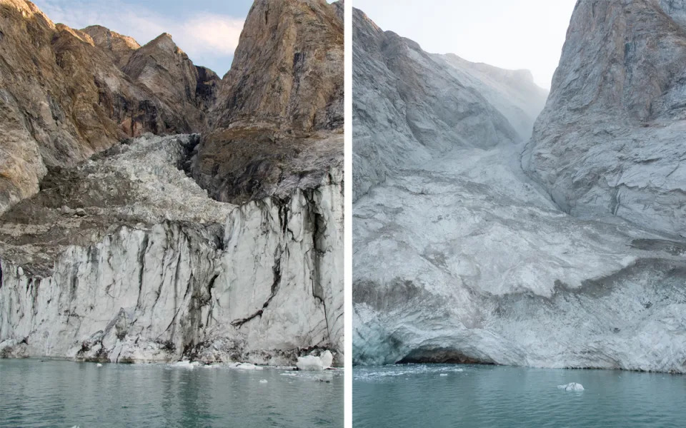 From left: before (August 2023) and after (September 2023) photos of the mountain peak and glacier, taken from the fjord (Søren Rysgaard/Danish Army via University College London)