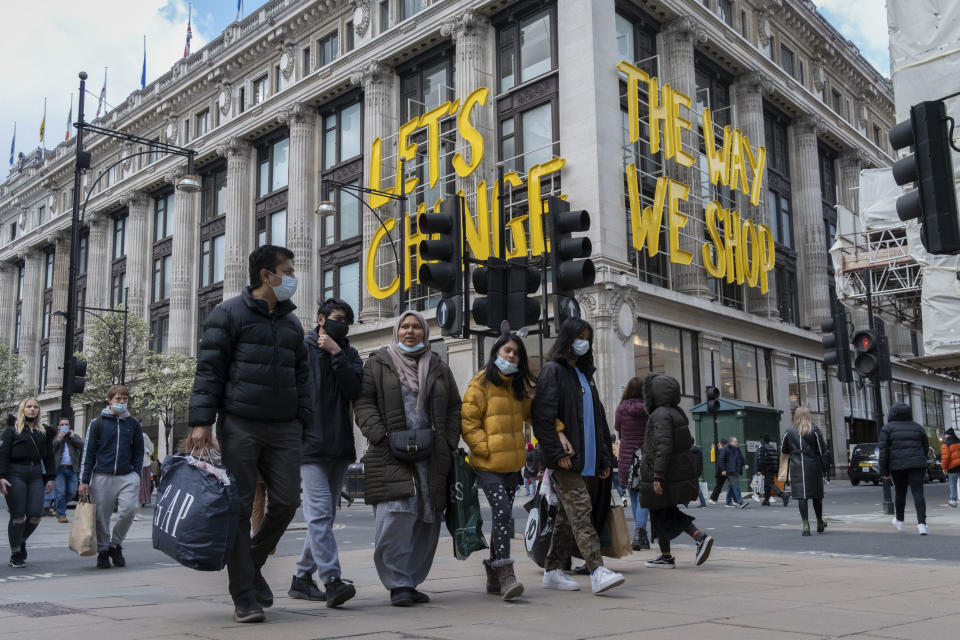 On the day that the UK government eased Covid restrictions to allow non-essential businesses such as shops, pubs, bars, gyms and hairdressers to re-open, the Selfridges department store displays the slogan about changing the way we shop, on 12th April 2021, in London, England. (Photo by Richard Baker / In Pictures via Getty Images)