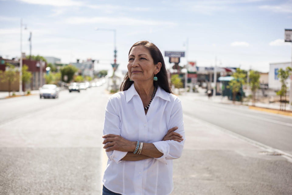 FILE - Deb Haaland poses for a portrait Tuesday, June 5, 2018 in a Nob Hill Neighborhood in Albuquerque, N.M. Haaland is one of two Native American women who marked historic congressional victories as a record number of women were elected to the U.S. House following an election cycle that also saw a significant boost in Native American female candidates at the state and local level. (AP Photo/Juan Labreche)