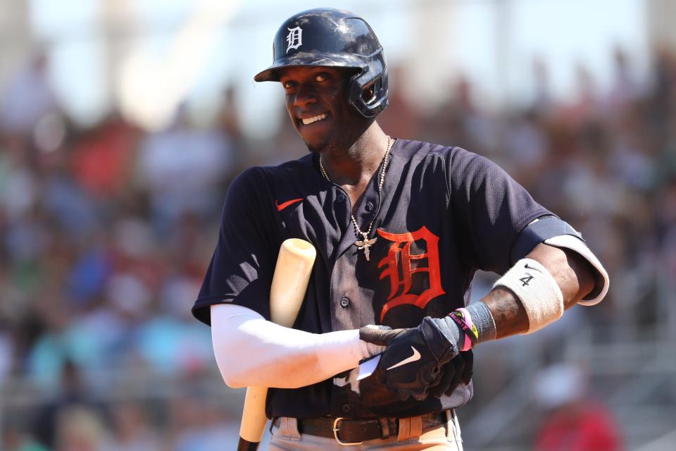 Tigers right fielder Cameron Maybin looks on while at bat during the fifth inning against the Boston Red Sox on Wednesday, March 4, 2020, at JetBlue Park in Fort Myers, Florida.