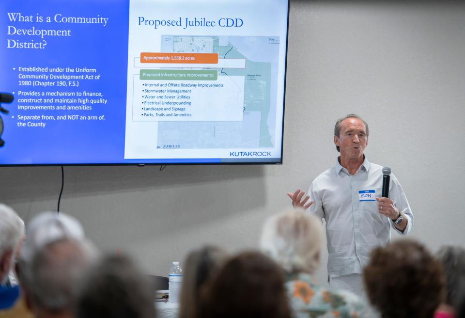 Eagle Group CEO Ron Reeser speaks during a town hall meeting about the proposed Jubilee Community Development District in Pace on Aug. 8.