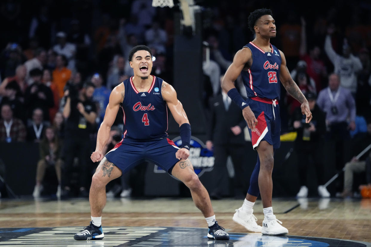 Florida Atlantic guard Bryan Greenlee (4) and guard Brandon Weatherspoon (23) react after the team defeated Tennessee 62-55 in a Sweet 16 college basketball game in the East Regional of the NCAA tournament at Madison Square Garden, Thursday, March 23, 2023, in New York. (AP Photo/Frank Franklin II)