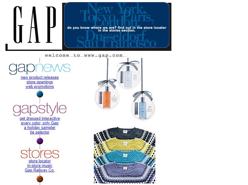 sweaters and ornaments on the GAP website in 1996