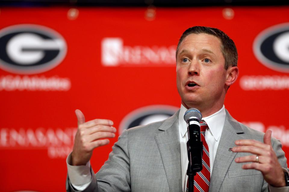 Mike White speaks with the media after being introduced as the new Georgia men's basketball coach in Athens on March 15, 2022.