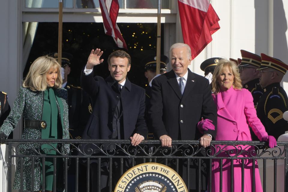 President Joe Biden and First Lady Jill Biden welcome French President Emmanuel Macron and his wife Brigitte Macron to the White House for a state visit on Thursday.