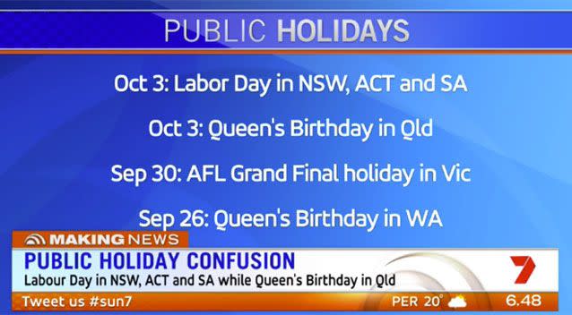 Public holidays was one of two topsics discussed on the program. Source: 7 News.