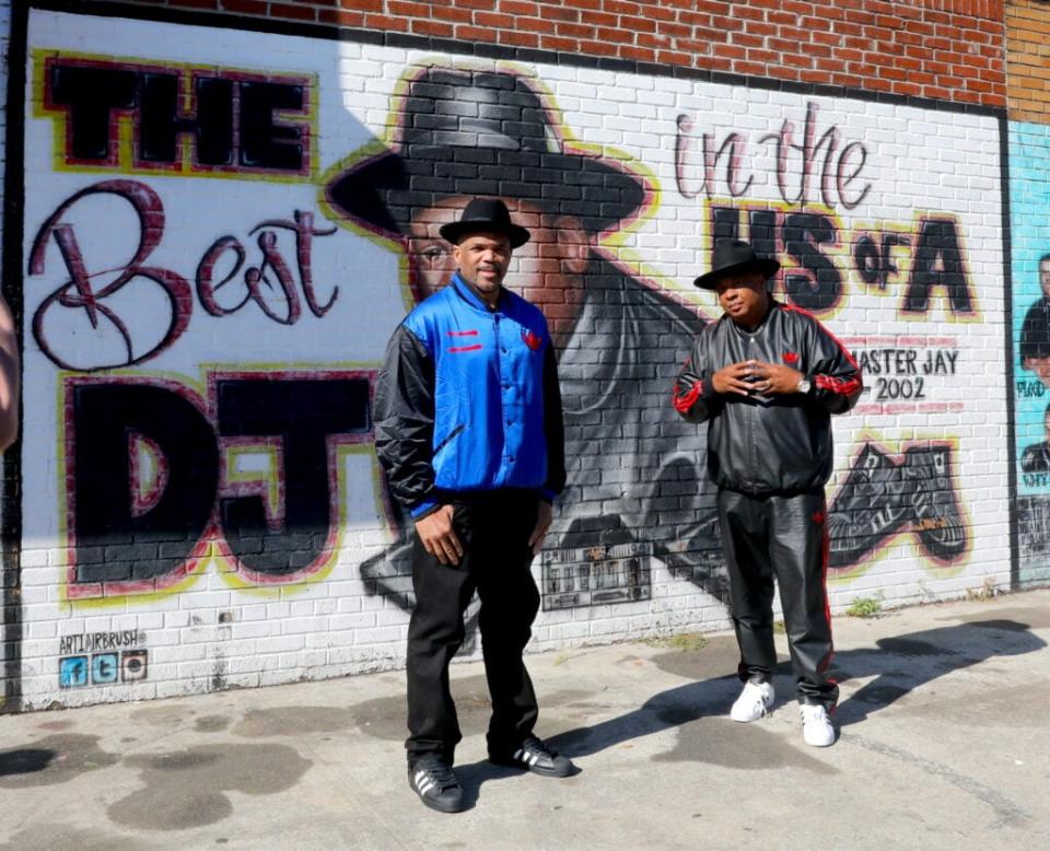 NEW YORK, NY – OCTOBER 05: Darryl McDaniels and Joseph ‘Run’ Simmons of the Hip Hop group “Run DMC” are seen at a photoshoot for Adidas in front of a Jam Master Jay mural by Kenya D. Lawton in Hollis Avenue, Queens. on October 05, 2020 in New York City. (Photo by Jose Perez/Bauer-Griffin/GC Images)