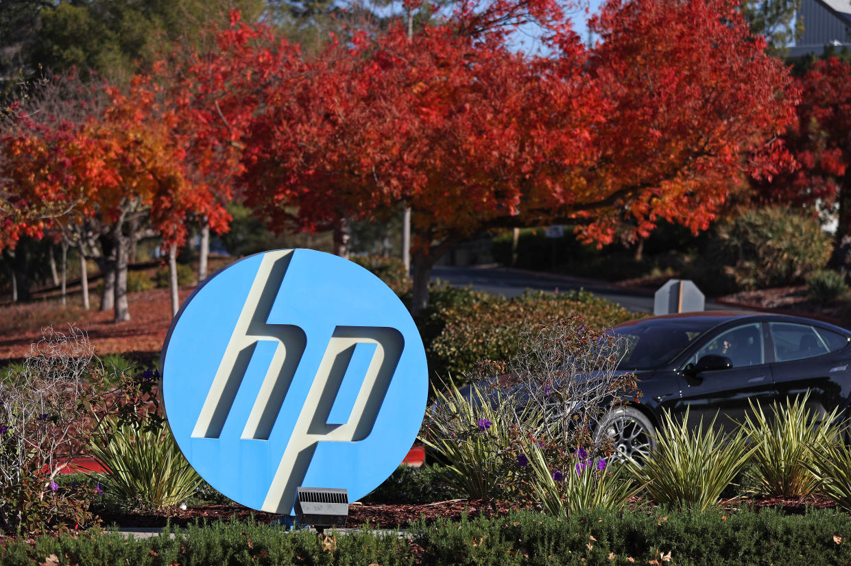 PALO ALTO, CALIFORNIA - NOVEMBER 23: A sign is posted in front of a Hewlett Packard (HP) office on November 23, 2022 in Palo Alto, California. HP has announced plans to lay off 12 percent of its workforce as computer sales continue to decline. (Photo by Justin Sullivan/Getty Images)