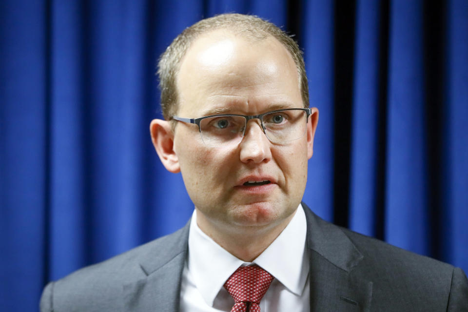 Herb Stapleton, Assistant Special Agent in Charge, FBI, during a news conference, Wednesday, Oct. 10, 2018, in Cincinnati. The Justice Department says a Chinese intelligence operative has been charged with stealing trade secrets from multiple U.S. aviation and aerospace companies. Yanjun Xu was charged Wednesday with conspiring and attempting to commit economic espionage and theft of trade secrets. (AP Photo/John Minchillo)