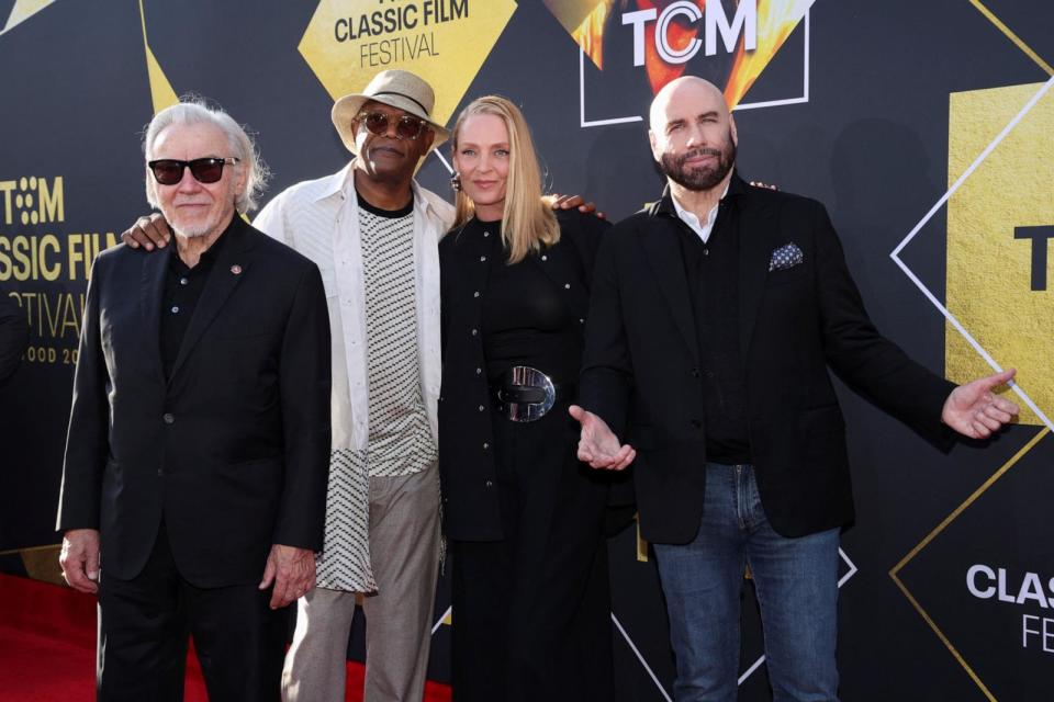 PHOTO: Cast members John Travolta, Uma Thurman, Samuel L. Jackson and Harvey Keitel attend a screening for the 30th anniversary of the movie 'Pulp Fiction' in Los Angeles, California, Apr. 18, 2024. (Mario Anzuoni/Reuters)