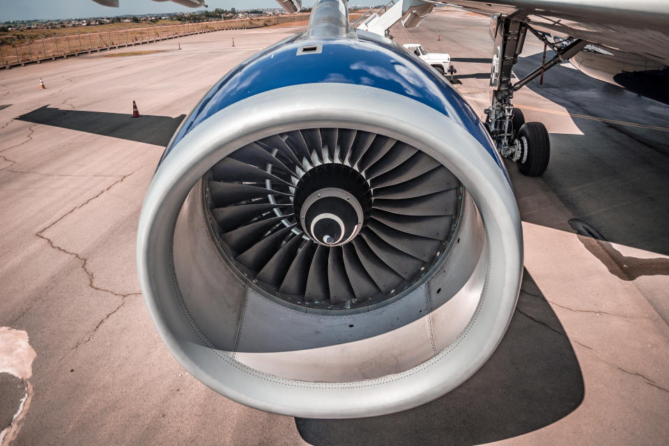 Campinas, SP, Brazil - December 15, 2018: Rolls-Royce Trent 700 engine that equips the Airbus A330 (engine number 1, located to the left side of the aircraft - the correct one is 