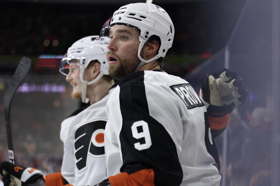 Philadelphia Flyers defenseman Ivan Provorov reacts after scoring during the second period against the Arizona Coyotes at the Wells Fargo Center on Jan. 5, 2023, in Philadelphia, Pennsylvania. / Credit: Getty Images