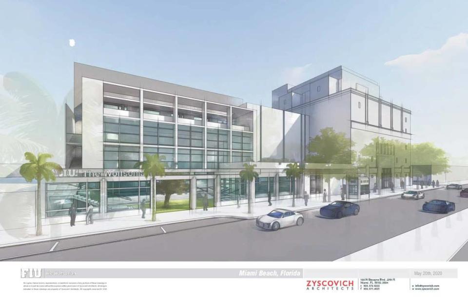 An architectural rendering shows a proposed addition, at left, to the historic Wolfsonian-FIU museum building on Washington Avenue in Miami Beach. The addition would sit behind the preserved Art Deco facades of two commercial buildings.