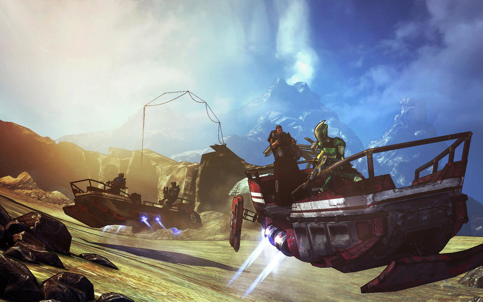 This undated publicity image released by 2K Games shows the sand skiff in the video game, "Borderlands 2." The new campaign tasks players with battling new enemies like sand worms, hovering across the terrain in the new sand skiff vehicle and collecting a new currency called seraph crystals. (AP Photo/2K Games)