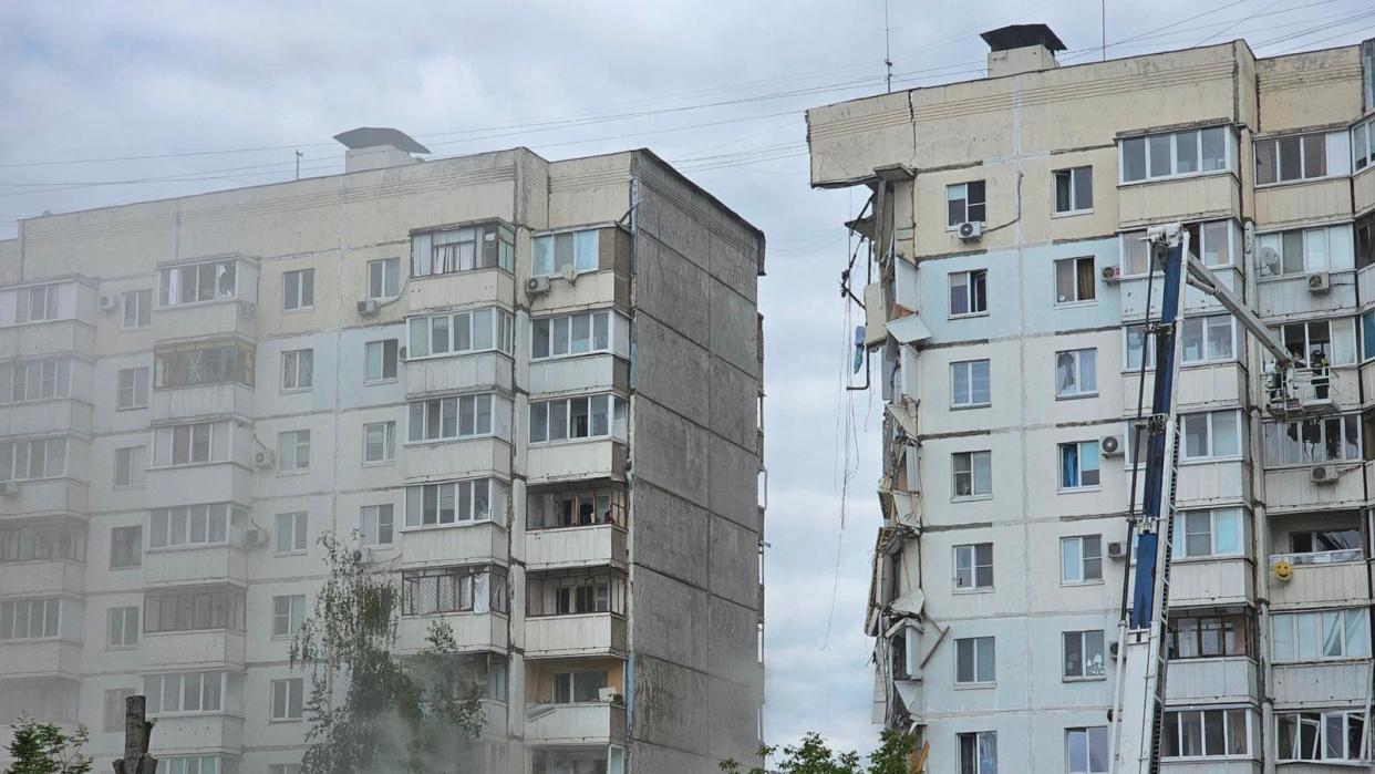 PHOTO: This photograph shows a view of an apartment building which partially collapsed after being damaged by Ukrainian strike in Belgorod on May 12, 2024. (Stringer/AFP via Getty Images)