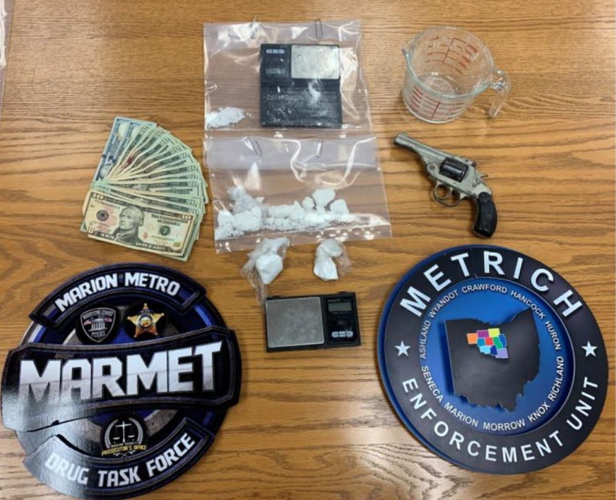 Marion County law enforcement seized crack cocaine, drug paraphernalia and a weapon during a drug bust near an elementary school, Jan. 24, 2024. (Courtesy/Marion Police Department)