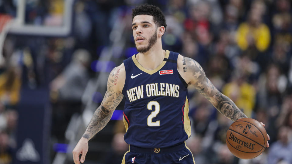 New Orleans Pelicans guard Lonzo Ball (2) plays against the Indiana Pacers during the first half of an NBA basketball game in Indianapolis, Saturday, Feb. 8, 2020. (AP Photo/Michael Conroy)