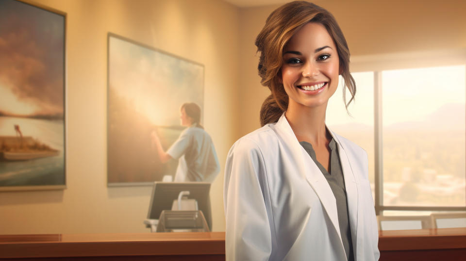 A warm smile from a patient towards a receptionist at a doctor's office.