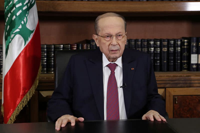 FILE PHOTO: Lebanon's President Michel Aoun is pictured as he delivers a televised speech at the presidential palace in Baabda