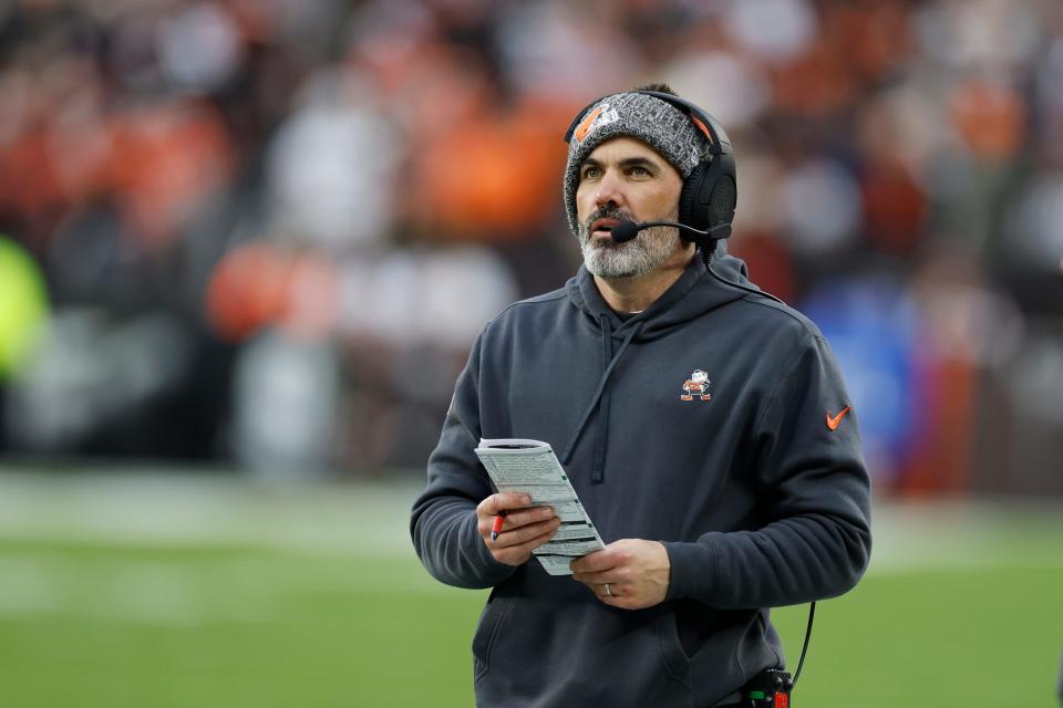 Cleveland Browns coach Kevin Stefanski looks toward the scoreboard during the second half Sunday against the Jacksonville Jaguars in Cleveland.