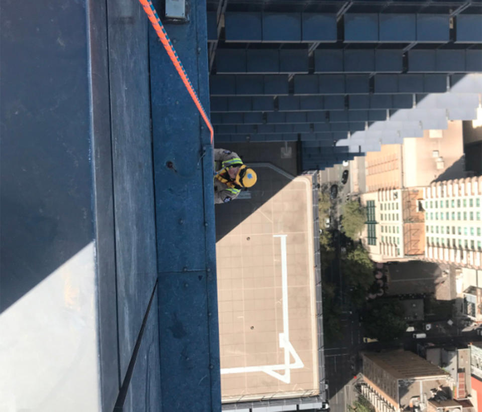 The Metropolitan Fire Brigade’s specialist High Angle Rescue Technicians (HART) were deployed to the 45 storey Exhibition Street skyscraper. Source: MFB