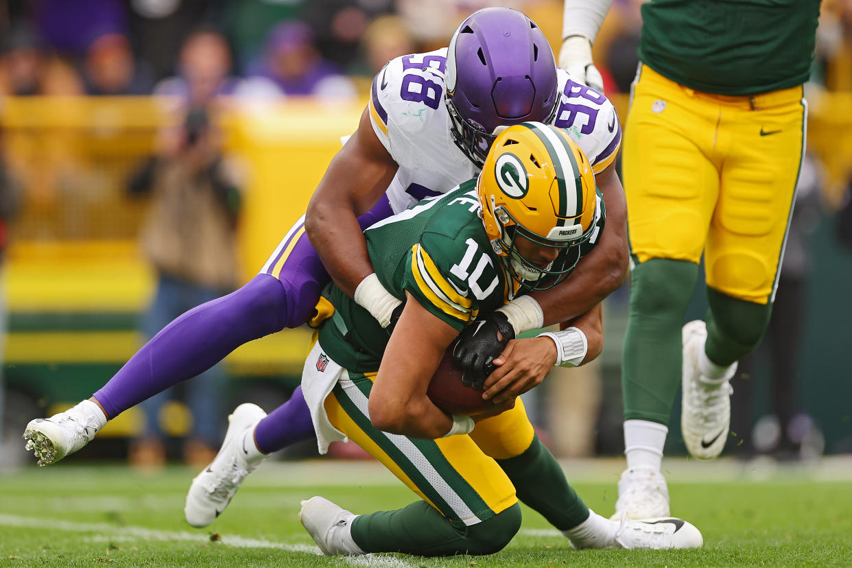 Packers quarterback Jordan Love struggled yet again in Sunday's loss to the Vikings. (Photo by Michael Reaves/Getty Images)