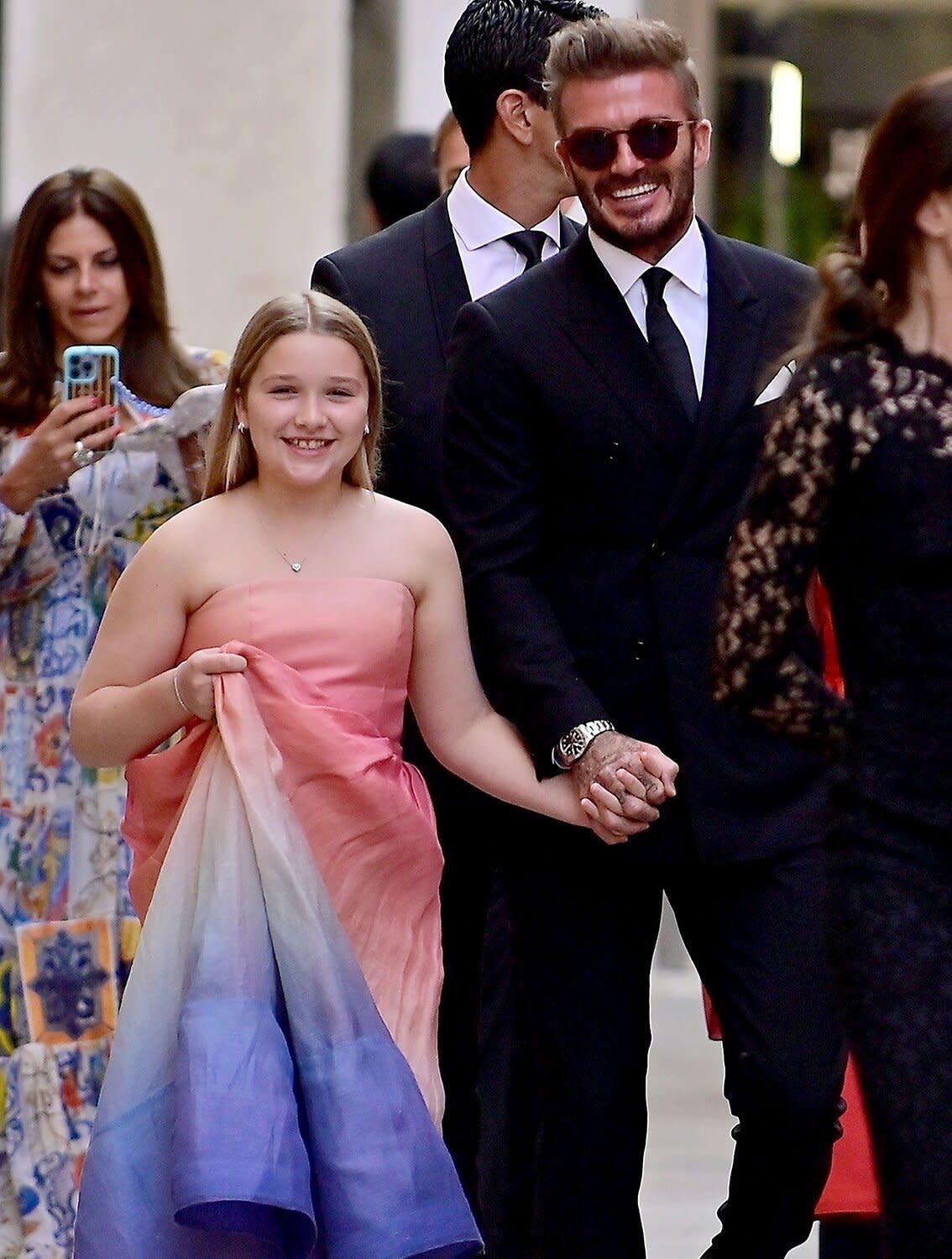 Former England footballer David Beckham looks dapper while pictured with his daughter Harper Seven together with Domenico Dolce going to the Riva event at the Fenice theatre in Venice.