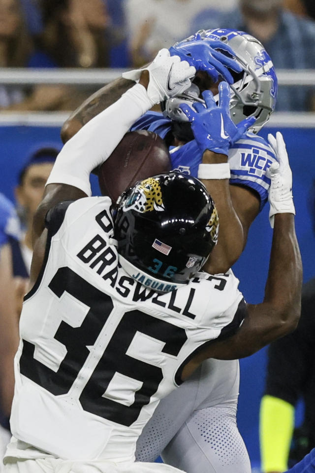 Jacksonville Jaguars linebacker Yasir Abdullah (56) watches during an  preseason NFL football game against the Detroit Lions in Detroit, Saturday,  Aug. 19, 2023. (AP Photo/Paul Sancya Stock Photo - Alamy