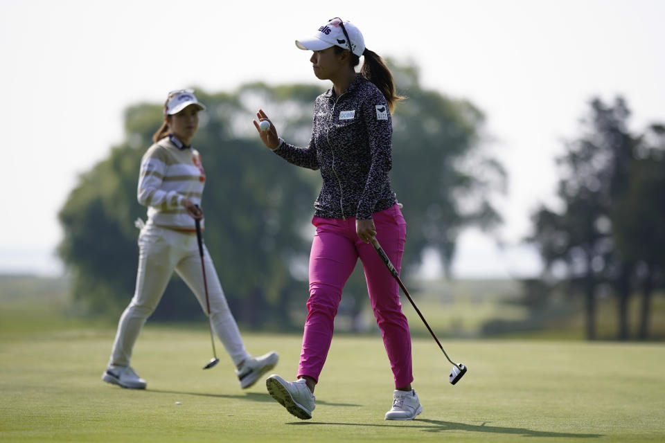 Jenny Shin, of South Korea, reacts after putting on the 13th hole during the first round of the ShopRite LPGA Classic golf tournament, Friday, June 9, 2023, in Galloway, N.J. (AP Photo/Matt Slocum)