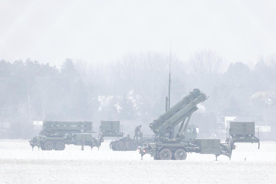 Patriot missile launchers acquired from the U.S. last year are seen deployed in Warsaw, Poland, Monday, Feb. 6, 2023. (AP Photo/Michal Dyjuk)