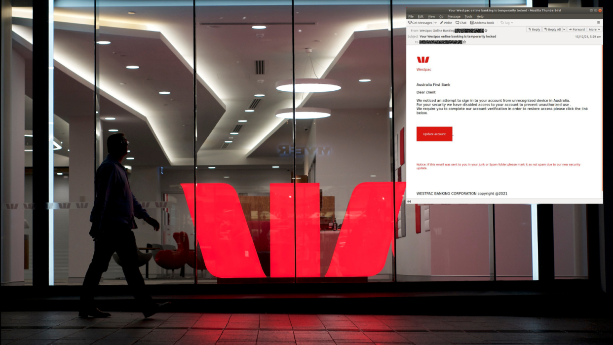 The exterior of a Westpac branch and a copy of the scam email sent to customers.