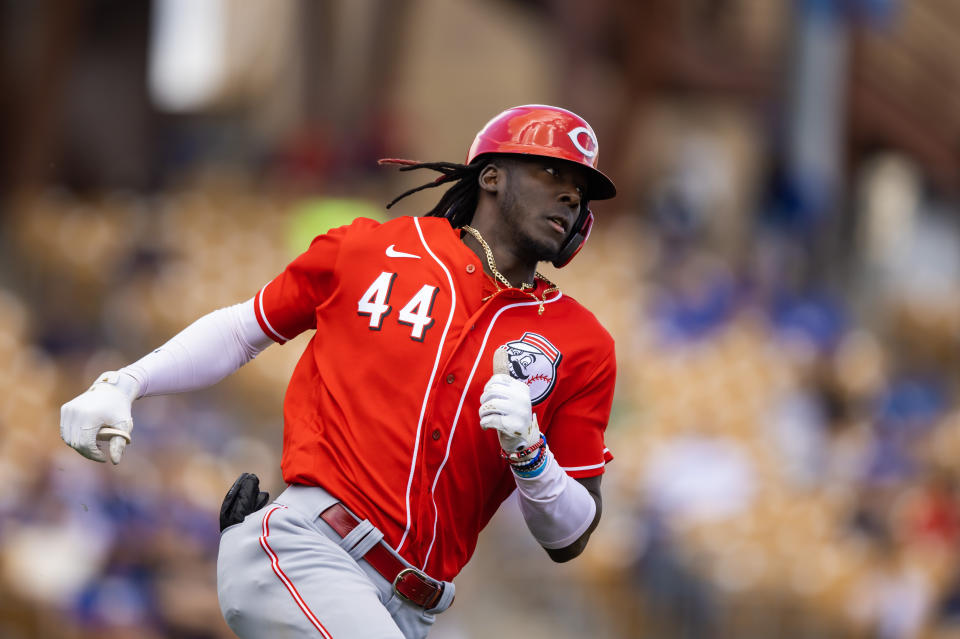 Feb 28, 2023; Phoenix, Arizona, USA; Cincinnati Reds shortstop Elly De La Cruz against the Los Angeles Dodgers during a spring training game at Camelback Ranch-Glendale. Mandatory Credit: Mark J. Rebilas-USA TODAY Sports