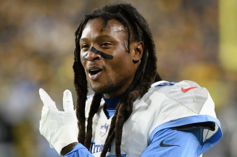 Tennessee Titans wide receiver DeAndre Hopkins speaks to an official during the second quarter in a game against the Pittsburgh Steelers on Thursday at Acrisure Stadium in Pittsburgh. Photo by Archie Carpenter/UPI