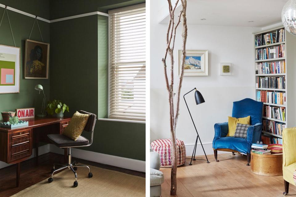 a green office with a desk and chair a living room with a blue armchair