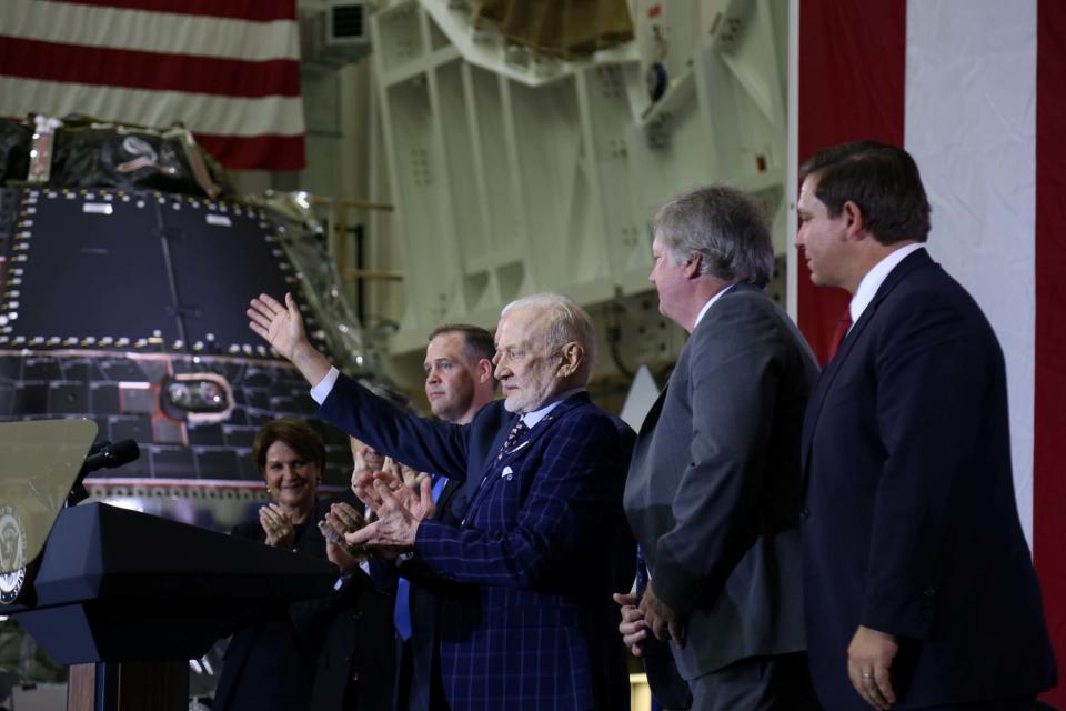 Astronaut Buzz Aldrin greets the crowd at the 50th anniversary of the Apollo 11 landing (REUTERS)