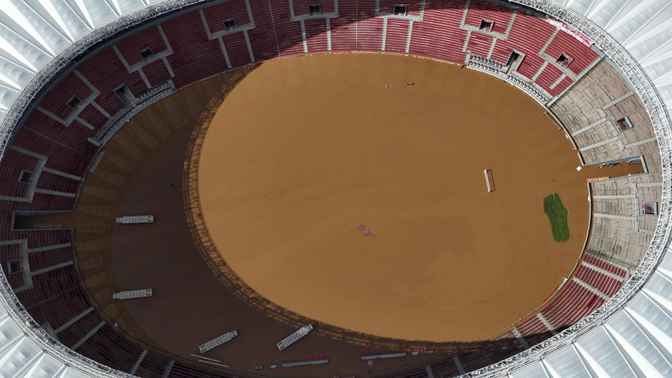 Beira Rio stadium is flooded after heavy rain in Porto Alegre, Rio Grande do Sul state, Brazil, Tuesday, May 7, 2024. (AP Photo/Carlos Macedo)