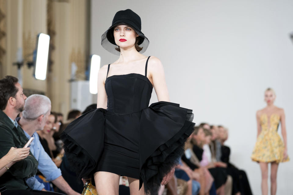 The Carolina Herrera Fall 2022 collection is modeled during Fashion Week, Monday, Sept. 12, 2022, in New York. (AP Photo/Julia Nikhinson)
