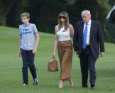 <p>With the first family in tow, Melania is caught here in a pair of tan, wide leg trousers by Bally and a Dolce & Gabbana fitted, white tank as she arrived back at The White House in June of 2017. </p>