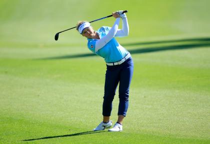 RANCHO MIRAGE, CA - APRIL 01:  Brooke Henderson of Canada plays her second shot on the par 5, 18th hole during the second round of the 2016 ANA Inspiration at the Mission Hills Country Club on April 1, 2016 in Rancho Mirage, California.  (Photo by David Cannon/Getty Images)