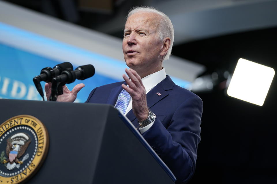 President Joe Biden speaks in the South Court Auditorium on the White House campus, Monday, May 2, 2022, in Washington. Biden plans to highlight deficit reduction in Wednesday remarks at the White House. He intends to note that the government will pay down the national debt this quarter for the first time in six years (AP Photo/Evan Vucci)