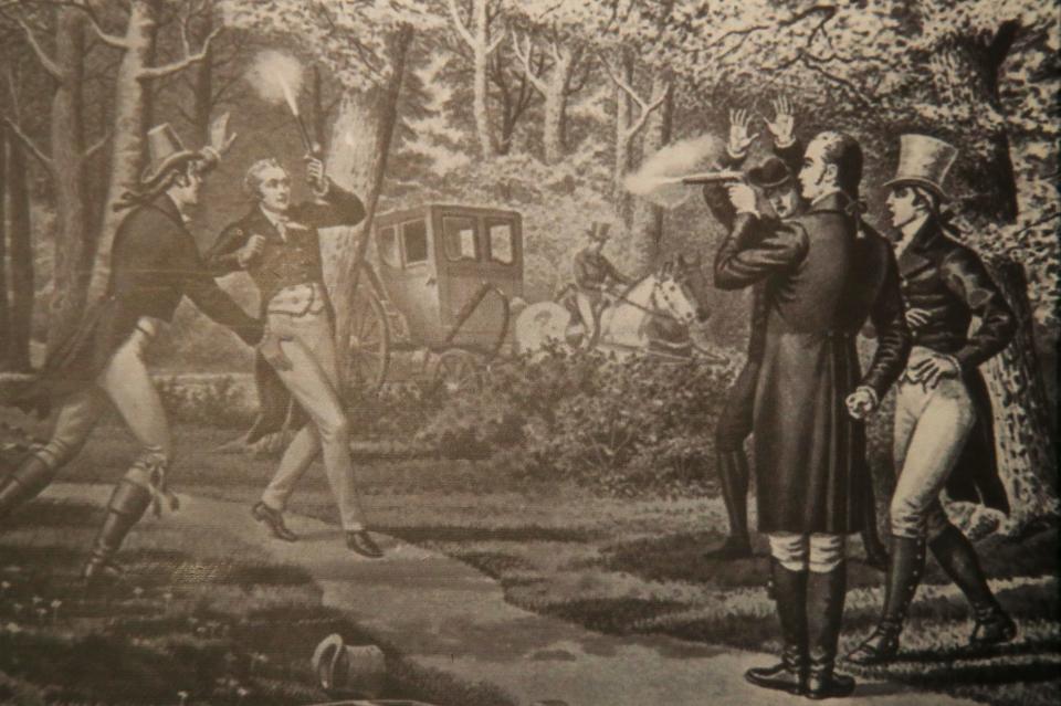 An exhibit at Smithsonian National Postal Museum in Washington included this painting of the then-Vice President Aaron Burr and Alexander Hamilton dueling at Weehawken, New Jersey, on July 11, 1804.