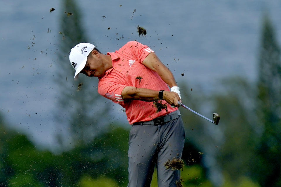 Xander Schauffele hits from the fourth fairway during second round of the Tournament of Champions golf event, Friday, Jan. 3, 2020, at Kapalua Plantation Course in Kapalua, Hawaii. (AP Photo/Matt York)