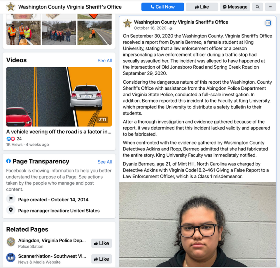 In October 2020, Dyanie Bermeo of Mint Hill was charged in Virginia with falsely reporting that she had been sexually assaulted during her return drive to King University. Her photograph and the details of her arrest were posted on the Facebook page of the Washington County Sheriff’s Office. She was eventually acquitted.