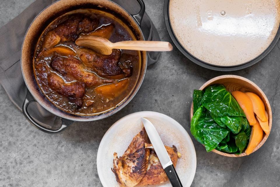 James Lowe's Pheasant and pumpkin stew with brussels tops and pickled quince: Anton Rodriguez