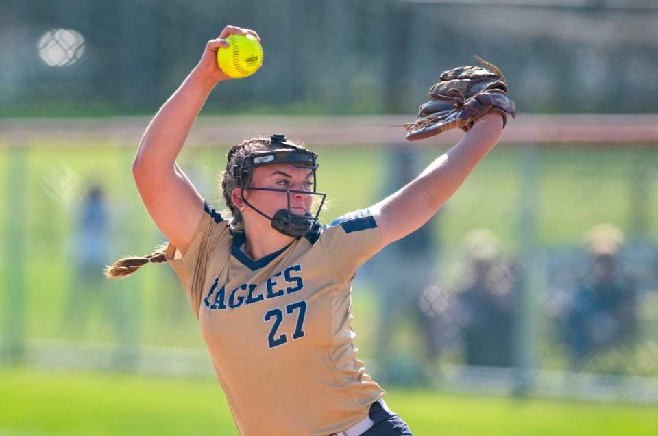 Bald Eagle Area’s Sierra Albright pitches during the game against Penns Valley on Friday, May 24, 2024.