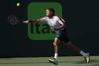 Mar 29, 2018; Key Biscayne, FL, USA; Pablo Carreno Busta of Spain reaches for a forehand against Kevin Anderson of South Africa (not pictured) on day ten of the Miami Open at Tennis Center at Crandon Park. Mandatory Credit: Geoff Burke-USA TODAY Sports