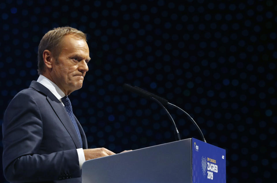 President of the European Council Donald Tusk speaks during the European Peoples Party (EPP) congress in Zagreb, Croatia, Wednesday, Nov. 20, 2019. Tusk was in Zagreb, the Croatian capital, for a meeting of the European People's Party, the main center-right bloc in the European Parliament.(AP Photo/Darko Vojinovic)