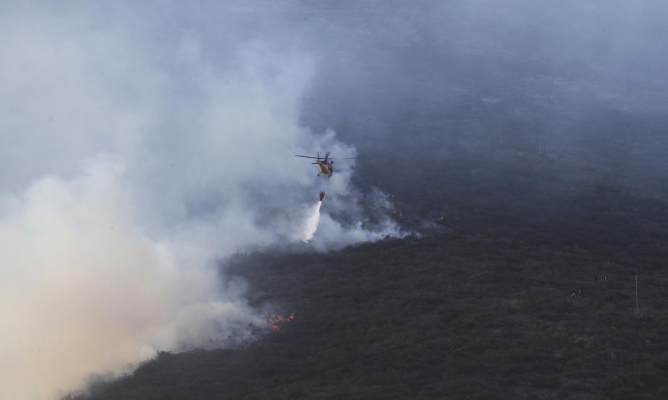 Bomberos observan a un helicóptero derramando agua sobre un incendio en el cerro Casitagua al norte de Quito, Ecuador, el miércoles 15 de enero de 2020. (AP Fotos/Dolores Ochoa)