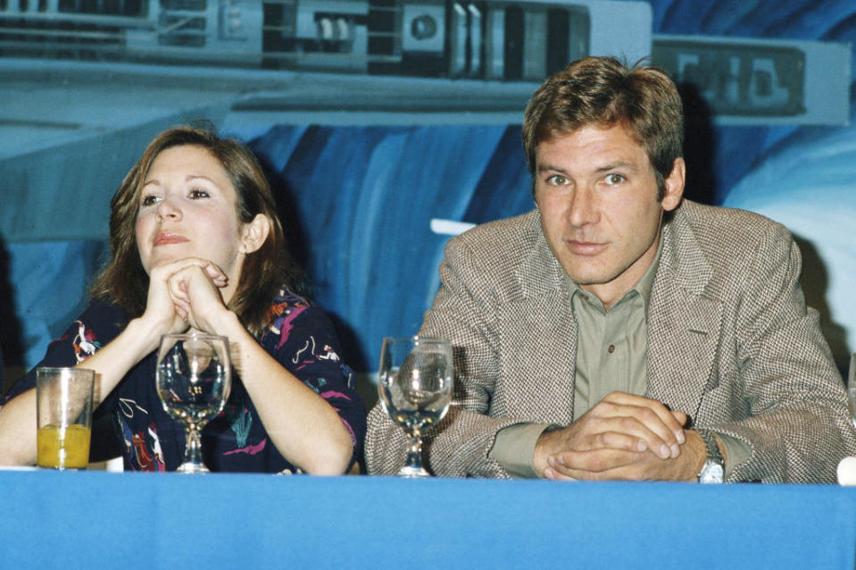 <p>Costars Fisher and Harrison Ford appeared at a press conference for the second film in the franchise. (Photo: Maureen Donaldson/Getty Images)</p>