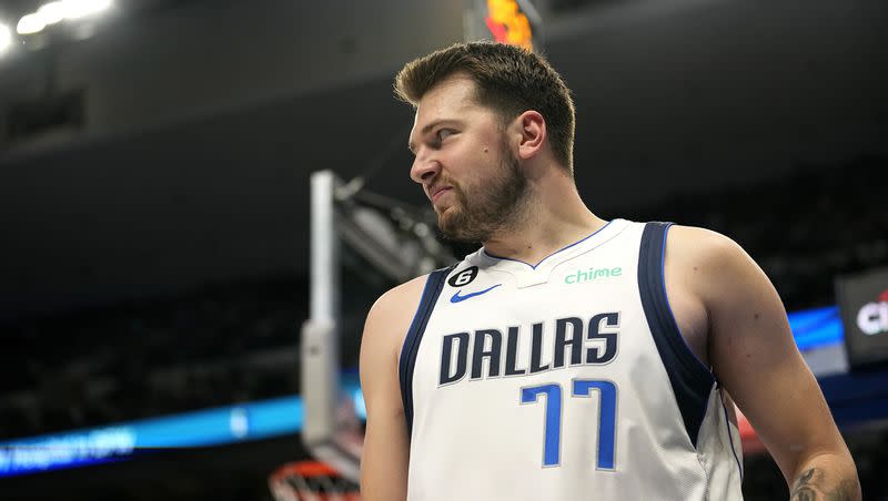 Dallas Mavericks guard Luka Doncic smiles after attempting a basket in an NBA basketball game against the Chicago Bulls, Friday, April 7, 2023, in Dallas.